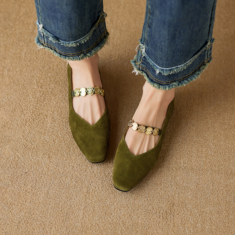 Genuine Leather Square Toe Coin Chain Mary Jane Shoes for Women - 2025 French Elegant Mid-Heel Flats, Vintage Style Genuine Leather Square Toe Coin Chain Mary Jane Shoes for Women - 2025 French Elegant Mid-Heel Flats, Vintage Style