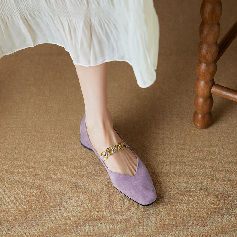 Genuine Leather Square Toe Coin Chain Mary Jane Shoes for Women - 2025 French Elegant Mid-Heel Flats, Vintage Style Genuine Leather Square Toe Coin Chain Mary Jane Shoes for Women - 2025 French Elegant Mid-Heel Flats, Vintage Style