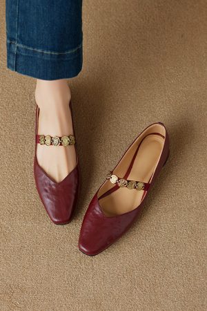 Genuine Leather Square Toe Coin Mary Jane Shoes for Women - Retro Low Heel Versatile Flats in Italian Style