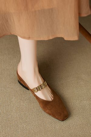 Genuine Leather Square Toe Gold Coin Slip-On Mules for Women - Summer Height-Increasing Closed-Toe Slippers
