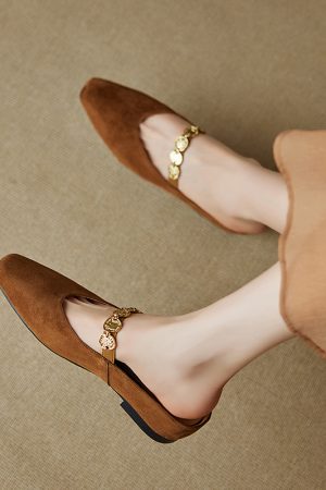 Genuine Leather Square Toe Gold Coin Slip-On Mules for Women - Summer Height-Increasing Closed-Toe Slippers