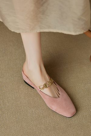 Genuine Leather Square Toe Gold Coin Slip-On Mules for Women - Summer Height-Increasing Closed-Toe Slippers