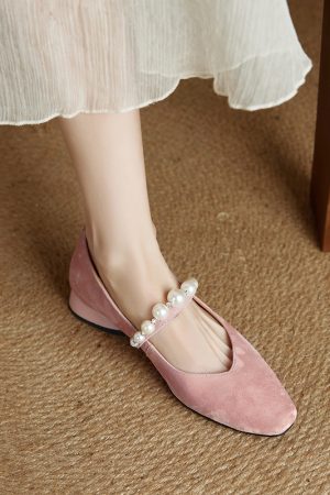 Genuine Leather Square Toe Mary Jane Shoes for Women - Elegant Mid Chunky Heel Pearl Flats, 2025 Style, Versatile Fashion Footwear