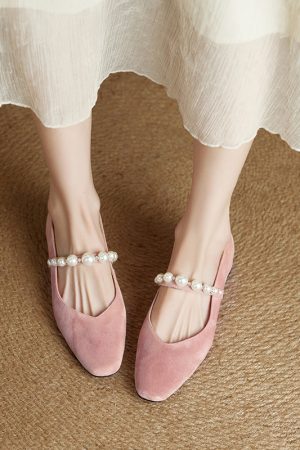 Genuine Leather Square Toe Mary Jane Shoes for Women - Elegant Mid Chunky Heel Pearl Flats, 2025 Style, Versatile Fashion Footwear