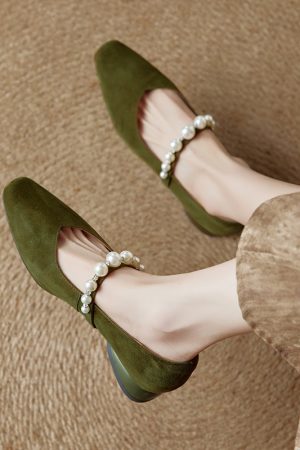 Genuine Leather Square Toe Mary Jane Shoes for Women - Elegant Mid Chunky Heel Pearl Flats, 2025 Style, Versatile Fashion Footwear