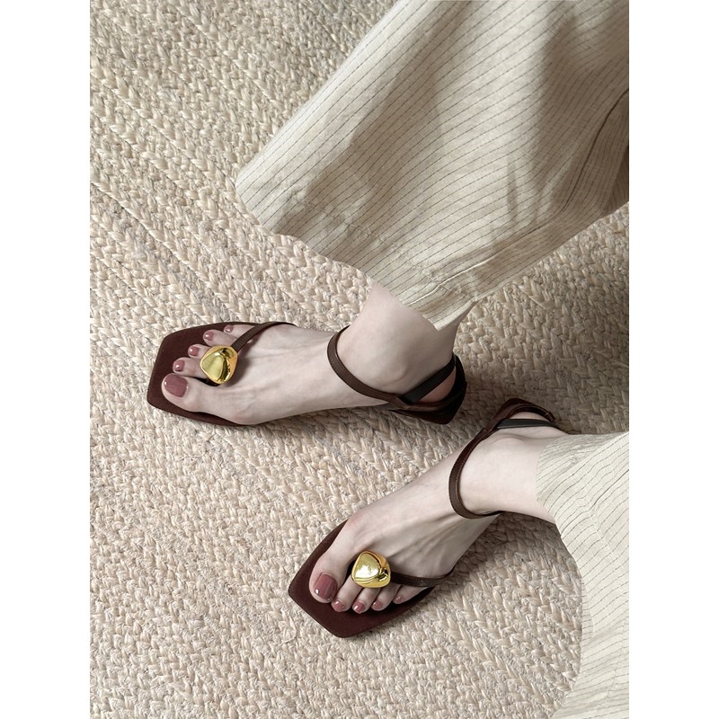 Genuine Leather Square Toe Metal Buckle Clip Toe Sandals for Women - Summer Elegant Low Heel One Strap Footwear Genuine Leather Square Toe Metal Buckle Clip Toe Sandals for Women - Summer Elegant Low Heel One Strap Footwear