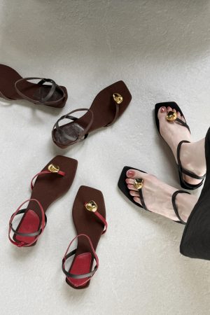 Genuine Leather Square Toe Metal Buckle Clip Toe Sandals for Women - Summer Elegant Low Heel One Strap Footwear