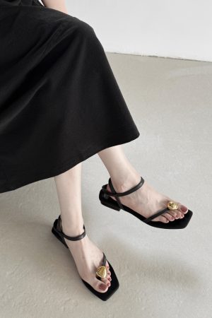 Genuine Leather Square Toe Metal Buckle Clip Toe Sandals for Women - Summer Elegant Low Heel One Strap Footwear