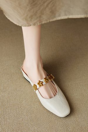 Genuine Leather Square Toe One-Strap Mule Slippers for Women - Summer 2025 Hidden Height Closed-Toe Fashion Footwear