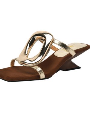 Genuine Leather Square Toe Wedge Slide Sandals for Women with Metal Square Buckle - Italian Corso Venezia Style