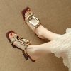 Genuine Leather Square Toe Wedge Slide Sandals for Women with Metal Square Buckle - Italian Corso Venezia Style