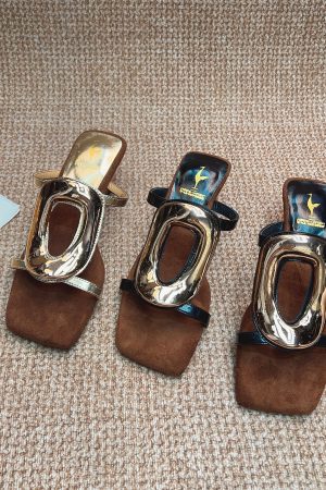 Genuine Leather Square Toe Wedge Slide Sandals for Women with Metal Square Buckle - Italian Corso Venezia Style