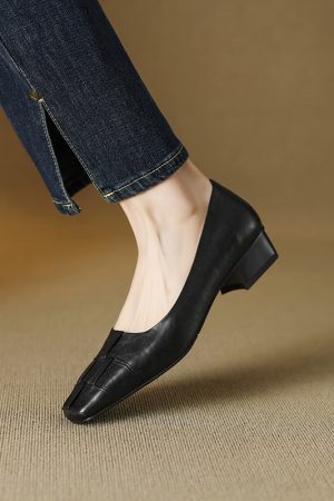 Genuine Leather Square Toe Woven Chunky Heel Shoes for Women - Versatile Commuting Style, Perfect for Work and Casual Wear