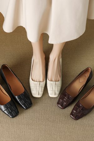 Genuine Leather Square Toe Woven Chunky Heel Shoes for Women - Versatile Commuting Style, Perfect for Work and Casual Wear