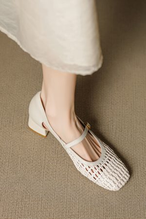 Genuine Leather Square Toe Woven Hollow Mary Jane Shoes for Women - 2025 Mid-Heel Strap Flats, Y2K Style