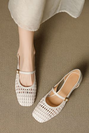 Genuine Leather Square Toe Woven Hollow Mary Jane Shoes for Women - 2025 Mid-Heel Strap Flats, Y2K Style