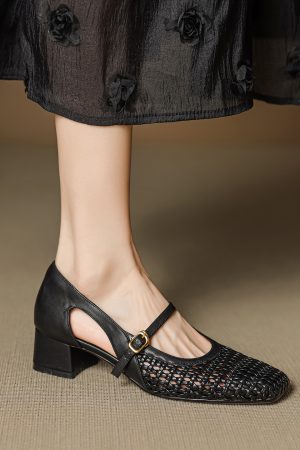 Genuine Leather Square Toe Woven Hollow Mary Jane Shoes for Women - 2025 Mid-Heel Strap Flats, Y2K Style