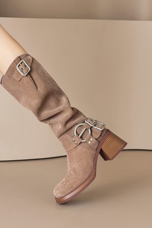 Genuine Leather Suede Western Cowboy Knight Boots for Women - High Tube Long Fashion Boots with Belt Buckle, Trendy Style