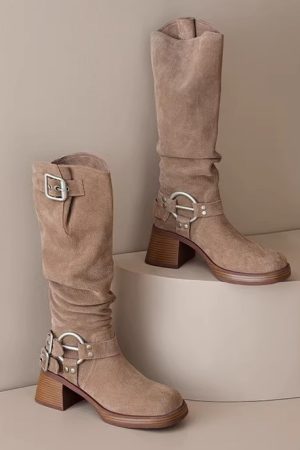 Genuine Leather Suede Western Cowboy Knight Boots for Women - High Tube Long Fashion Boots with Belt Buckle, Trendy Style