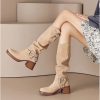 Genuine Leather Suede Western Cowboy Knight Boots for Women - High Tube Long Fashion Boots with Belt Buckle, Trendy Style
