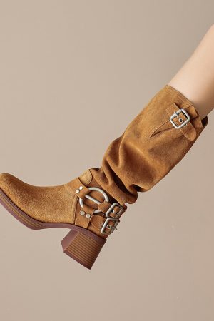 Genuine Leather Suede Western Cowboy Knight Boots for Women - High Tube Long Fashion Boots with Belt Buckle, Trendy Style