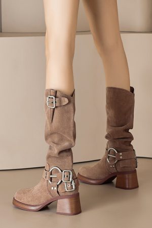 Genuine Leather Suede Western Cowboy Knight Boots for Women - High Tube Long Fashion Boots with Belt Buckle, Trendy Style