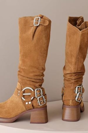 Genuine Leather Suede Western Cowboy Knight Boots for Women - High Tube Long Fashion Boots with Belt Buckle, Trendy Style