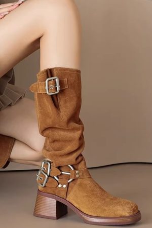 Genuine Leather Suede Western Cowboy Knight Boots for Women - High Tube Long Fashion Boots with Belt Buckle, Trendy Style