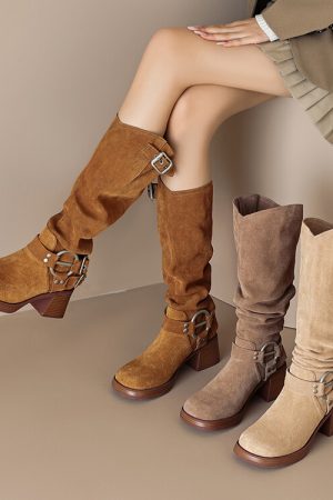 Genuine Leather Suede Western Cowboy Knight Boots for Women - High Tube Long Fashion Boots with Belt Buckle, Trendy Style