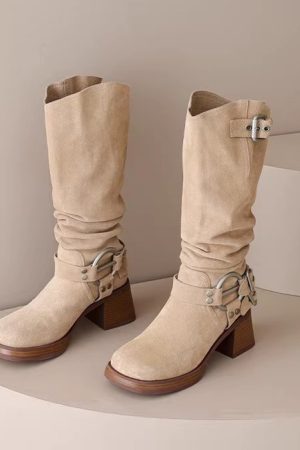 Genuine Leather Suede Western Cowboy Knight Boots for Women - High Tube Long Fashion Boots with Belt Buckle, Trendy Style