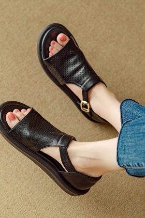 Genuine Leather T-Strap Open-Toe Flat Roman Sandals for Women - Summer 2025 Soft Bottom Hole Design, Trendy Casual Footwear