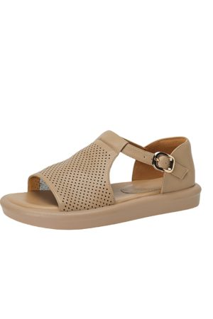 Genuine Leather T-Strap Open-Toe Flat Roman Sandals for Women - Summer 2025 Soft Bottom Hole Design, Trendy Casual Footwear