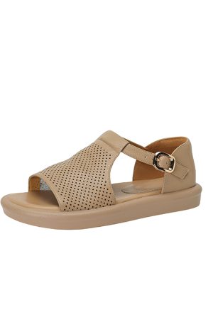 Genuine Leather T-Strap Open-Toe Flat Roman Sandals for Women - Summer 2025 Soft Bottom Hole Design, Trendy Casual Footwear