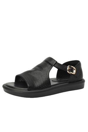 Genuine Leather T-Strap Open-Toe Flat Roman Sandals for Women - Summer 2025 Soft Bottom Hole Design, Trendy Casual Footwear