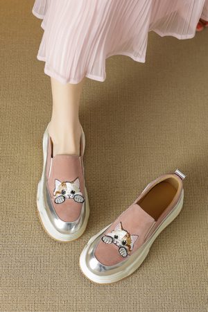 Genuine Leather Thick-Soled Lucky Cat Embroidered Slip-On Loafers for Women - 2025 Height-Increasing Flats, Trendy Y2K Style