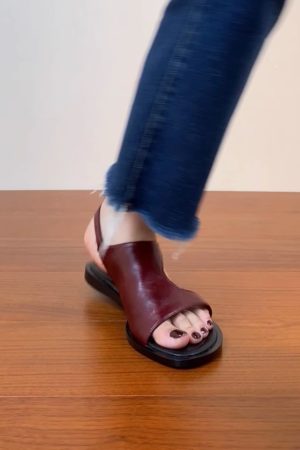 Genuine Leather Vacation Flat-Toe Sandals for Women - Side-Open Black Summer Shoes 2025, Lazy Chic Style