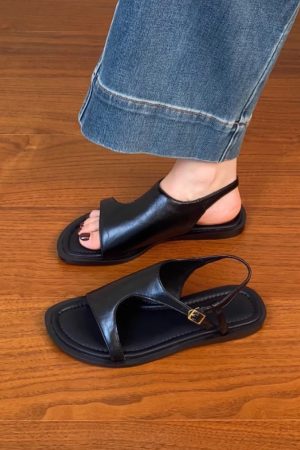 Genuine Leather Vacation Flat-Toe Sandals for Women - Side-Open Black Summer Shoes 2025, Lazy Chic Style