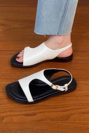 Genuine Leather Vacation Flat-Toe Sandals for Women - Side-Open Black Summer Shoes 2025, Lazy Chic Style