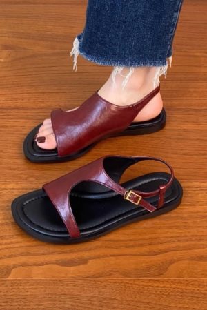 Genuine Leather Vacation Flat-Toe Sandals for Women - Side-Open Black Summer Shoes 2025, Lazy Chic Style