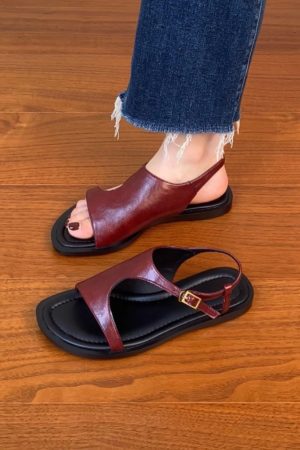 Genuine Leather Vacation Flat-Toe Sandals for Women - Side-Open Black Summer Shoes 2025, Lazy Chic Style