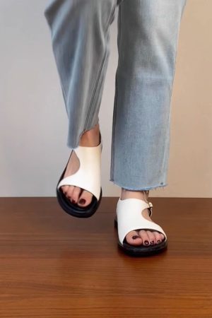 Genuine Leather Vacation Flat-Toe Sandals for Women - Side-Open Black Summer Shoes 2025, Lazy Chic Style