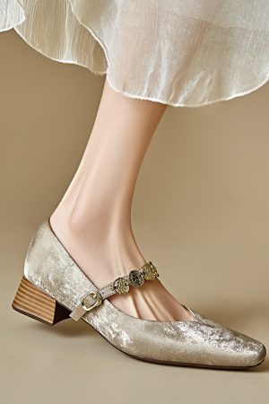 Genuine Leather Vintage Mary Jane Shoes for Women - Mid-Heel, Square Toe, Chunky Heel, Retro Style, Italian Design