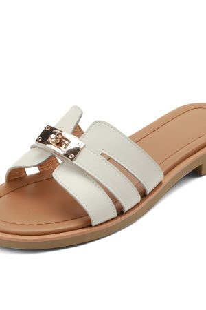 Genuine Leather Women's Flat Slippers - Italian Corso Venezia One-Word Strap Sandals for Outdoor Casual Cool Style