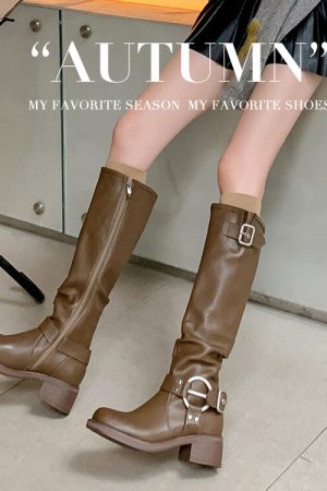 Genuine Leather Women's Knight Boots - Wrinkled Slouch Design, European & American Style Western Belt Buckle, Fashion Trendy Footwear