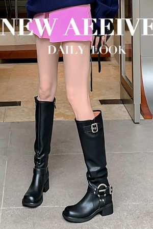 Genuine Leather Women's Knight Boots - Wrinkled Slouch Design, European & American Style Western Belt Buckle, Fashion Trendy Footwear