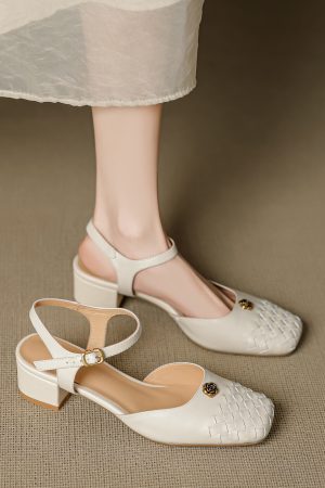 Genuine Leather Woven Camellia Sandals for Women - Vintage French Mid-Heel Closed-Toe Summer Shoes