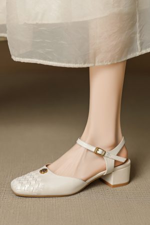 Genuine Leather Woven Camellia Sandals for Women - Vintage French Mid-Heel Closed-Toe Summer Shoes