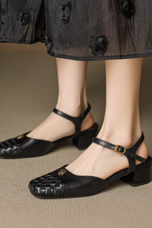 Genuine Leather Woven Camellia Sandals for Women - Vintage French Mid-Heel Closed-Toe Summer Shoes