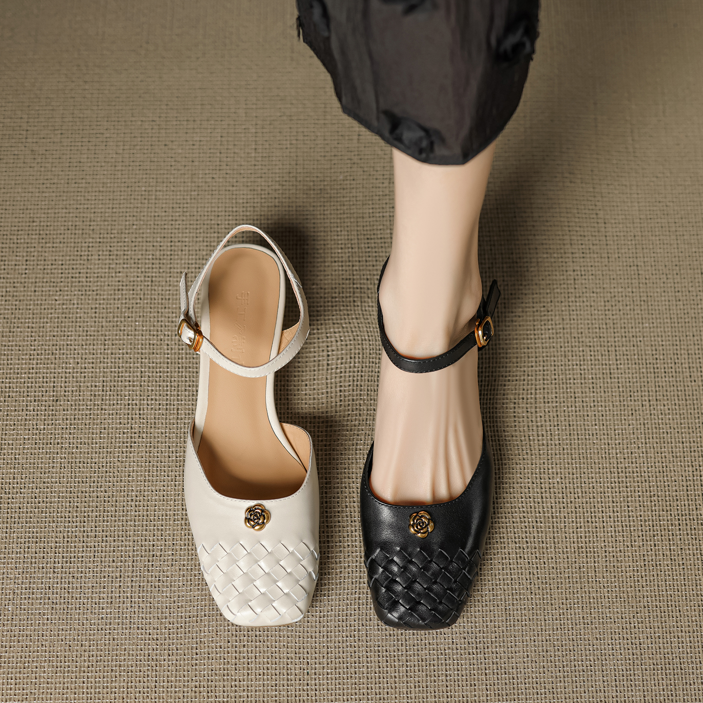 Genuine Leather Woven Camellia Sandals for Women - Vintage French Mid-Heel Closed-Toe Summer Shoes Genuine Leather Woven Camellia Sandals for Women - Vintage French Mid-Heel Closed-Toe Summer Shoes