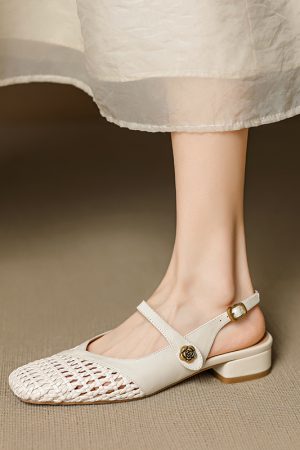 Genuine Leather Woven Camellia Sandals for Women - Vintage French Style Mid-Heel Closed Toe Summer Footwear